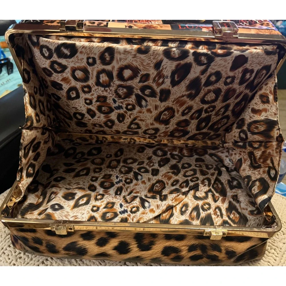 Le Miel Pasiion Leopard Magazine Print Satchel Bag Gold Frame Bottom Compartment